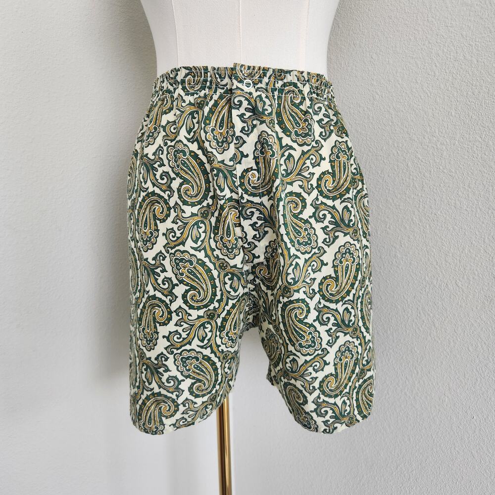 Vintage 70s 80s Green Yellow Paisley High Rise Pull On Boxer Shorts Handmade M L